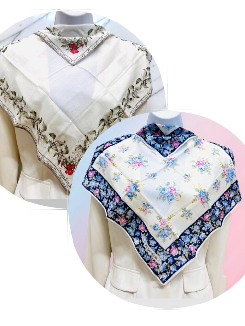 2 Neck-Kerchief YSL & Christian Dior cotton 18.5" white blue red  foral ( - Picture 7 of 14